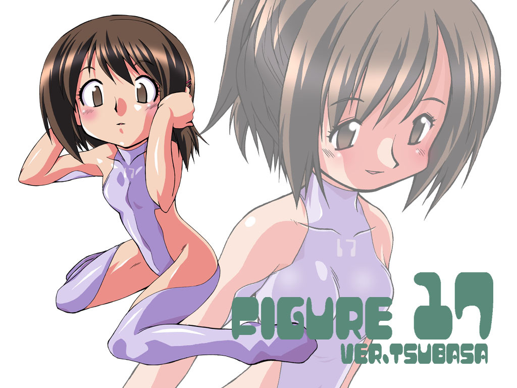 shiina hikaru, shiina tsubasa, figure 17, 00s, 2girls, bare shoulders, blush, brown eyes, brown hair, looking at viewer, multiple girls, open mouth, short hair, siblings, sisters, thighs, tongue, twins