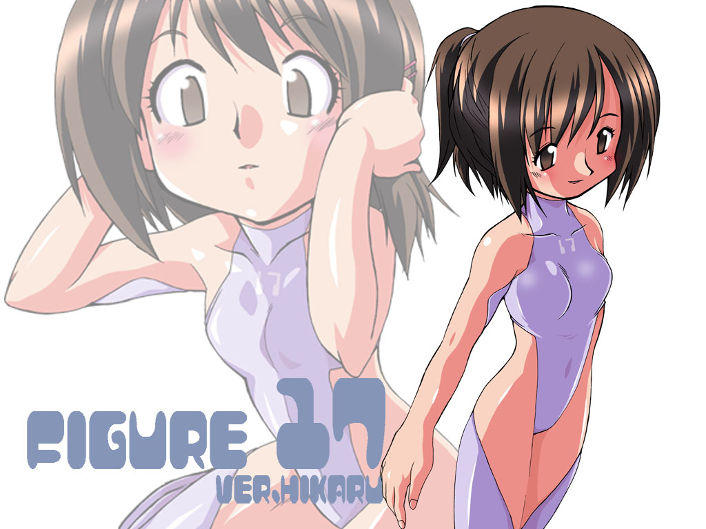 shiina hikaru, shiina tsubasa, figure 17, 00s, 2girls, bare shoulders, blush, brown eyes, brown hair, multiple girls, open mouth, short hair, siblings, sisters, sitting, standing, thighs, tongue, twins