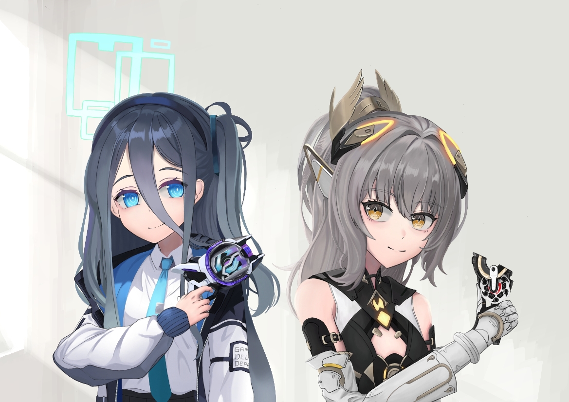 aris (blue archive), nanami: pulse (pgr), nanami (pgr), blue archive, kamen rider, kamen rider geats (series), punishing: gray raven, tagme, black hair, blue eyes, blue halo, blue necktie, bodysuit, collared shirt, crossover, grey hair, hair between eyes, hair ornament, halo, jacket, long bangs, long hair, mechanical arms, necktie, ponytail, rectangular halo, roanreal, shirt, side ponytail, sidelocks, very long hair, white shirt, wing hair ornament, yellow eyes