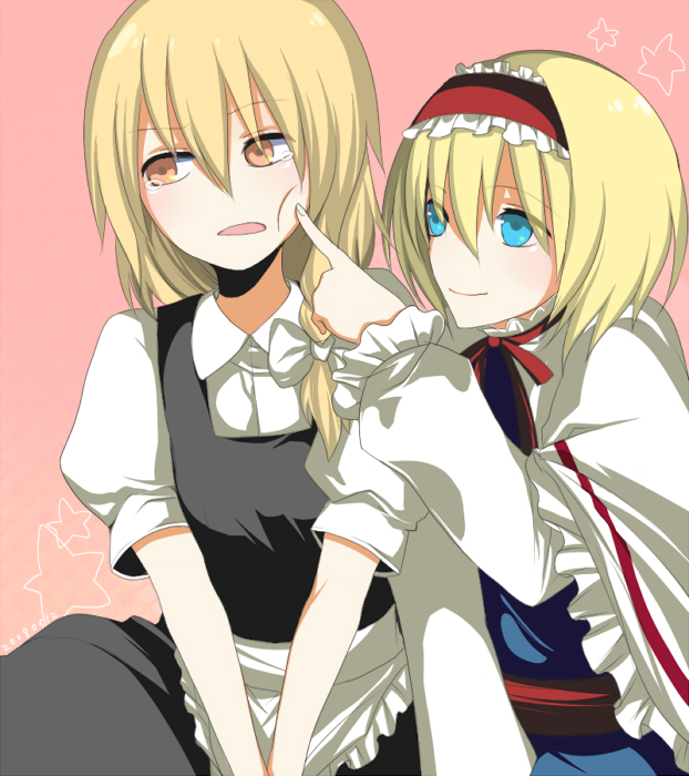harano, alice margatroid, kirisame marisa, touhou, looking away, 2girls, blonde hair, blue eyes, female focus, hairband, multiple girls, poking, simple background, smile, tears, v arms, yellow eyes