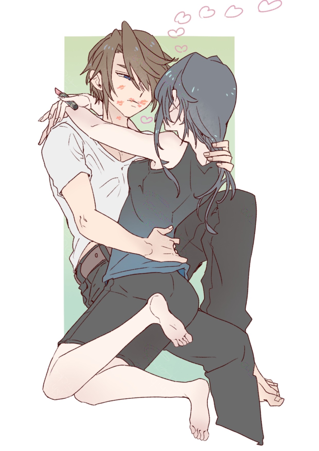 oshibainoticket, rinoa heartilly, squall leonhart, final fantasy, final fantasy viii, commentary request, highres, 1boy, 1girl, after kiss, arms around neck, bare shoulders, barefoot, belt, black hair, black pants, black shorts, black tank top, blue eyes, brown hair, cosmetics, couple, feet, hand on another's back, heart, holding, holding lipstick tube, hug, lipstick mark, lipstick mark on cheek, lipstick mark on face, lipstick tube, long hair, looking at another, pants, shirt, short hair, shorts, sleeveless, sleeveless shirt, tank top, white shirt