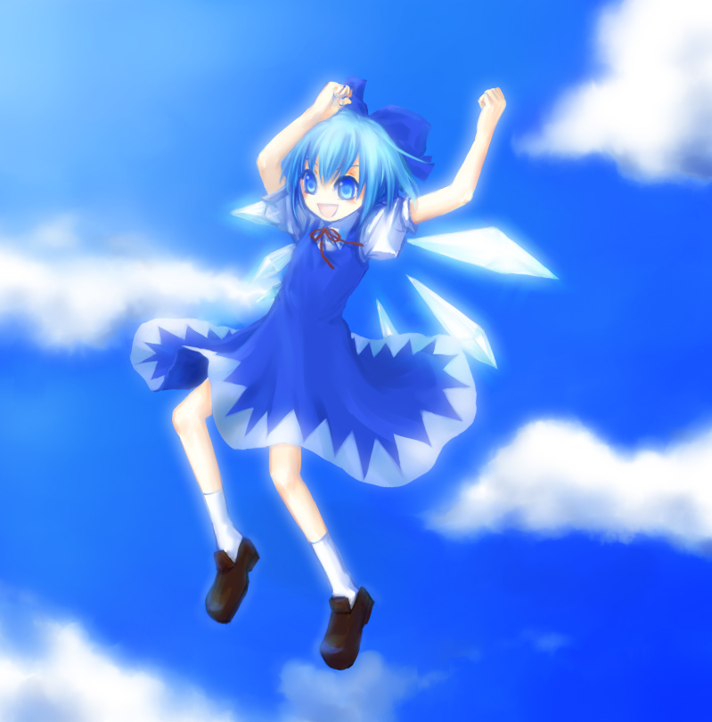 meguru (alice07), cirno, embodiment of scarlet devil, touhou, bad id, bad pixiv id, 1girl, arms up, blue eyes, blue hair, cloud, day, dress, female focus, flying, full body, matching hair/eyes, outdoors, pinafore dress, short hair, sleeveless dress, socks, solo, white socks, wings