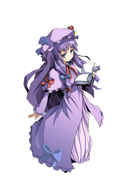 kasuga ayumu (artist), kasuga ayumu (haruhipo), patchouli knowledge, touhou, bad id, bad pixiv id, 1girl, book, female focus, hair ribbon, hat, long hair, purple hair, ribbon, solo