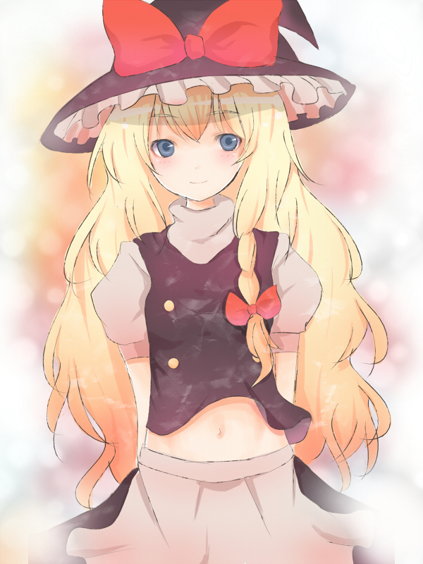 tetsuo (tashirosu), kirisame marisa, touhou, bad id, bad pixiv id, 1girl, blonde hair, blue eyes, braid, female focus, gradient background, hair ribbon, hat, long hair, midriff, navel, ribbon, skirt, solo, white background, witch, witch hat