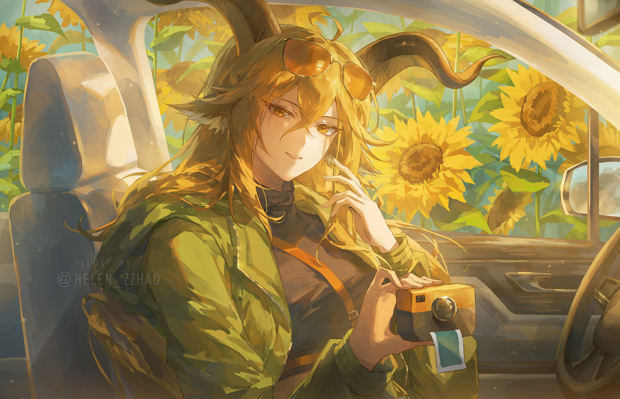 helen zzhao, degenbrecher (arknights), arknights, highres, 1girl, animal ears, black shirt, blonde hair, camera, car interior, cropped shirt, crossed bangs, eyewear on head, flower, goat ears, goat girl, goat horns, green jacket, hair between eyes, holding, holding camera, horns, jacket, long hair, looking at viewer, orange-tinted eyewear, parted lips, shirt, sidelocks, smile, solo, sunflower, sunglasses, tinted eyewear, turtleneck, turtleneck shirt, yellow eyes