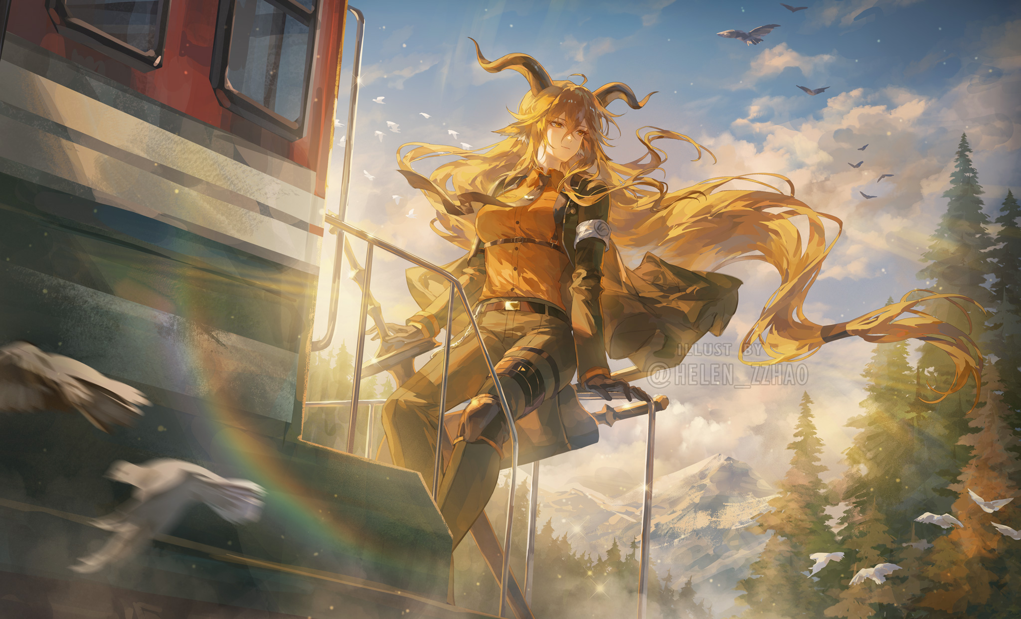 helen zzhao, degenbrecher (arknights), arknights, highres, 1girl, animal ears, black gloves, black jacket, black necktie, black pants, blonde hair, closed mouth, crossed bangs, gloves, goat ears, goat girl, goat horns, hair between eyes, horns, jacket, long hair, looking at viewer, necktie, orange shirt, pants, shirt, sidelocks, smile, solo, yellow eyes