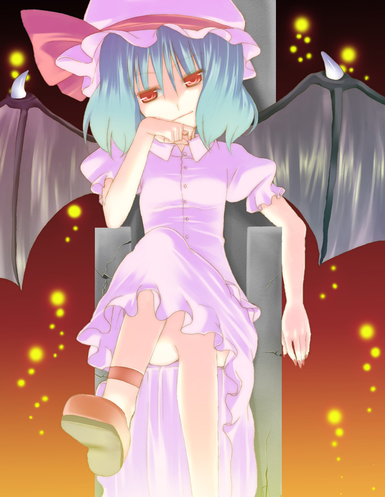 nigo (aozoragarou), remilia scarlet, touhou, 1girl, bat wings, blue hair, crossed legs, dress, female focus, gradient background, hat, red eyes, short hair, sitting, solo, wings