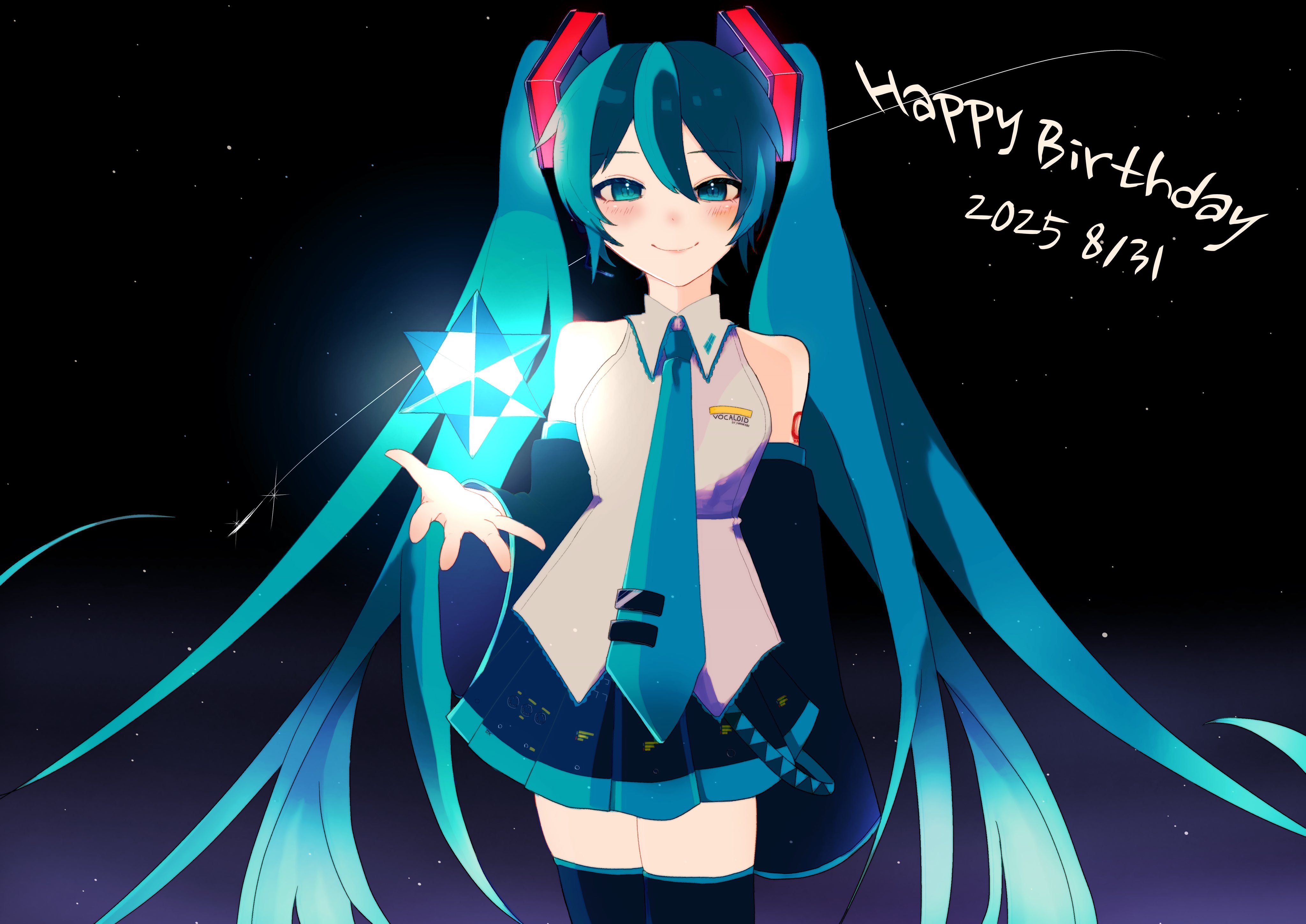 yano 0o0, hatsune miku, vocaloid, absurdres, highres, 1girl, bare shoulders, blue hair, closed mouth, cowboy shot, dated, detached sleeves, happy birthday, long hair, looking at viewer, miniskirt, necktie, skirt, smile, solo, standing, thighhighs, twintails, very long hair, zettai ryouiki