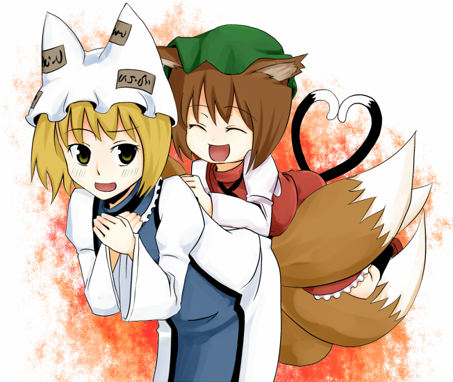 roas, chen, yakumo ran, touhou, bad id, bad pixiv id, 2girls, :d, animal ears, animal hat, blonde hair, blush, brown hair, cat, cat ears, cat tail, china dress, chinese clothes, closed eyes, dress, female focus, fox, fox ears, fox tail, green eyes, hat, heart, heart tail, long sleeves, mob cap, multiple girls, open mouth, ribbon, short hair, smile, tail, wide sleeves