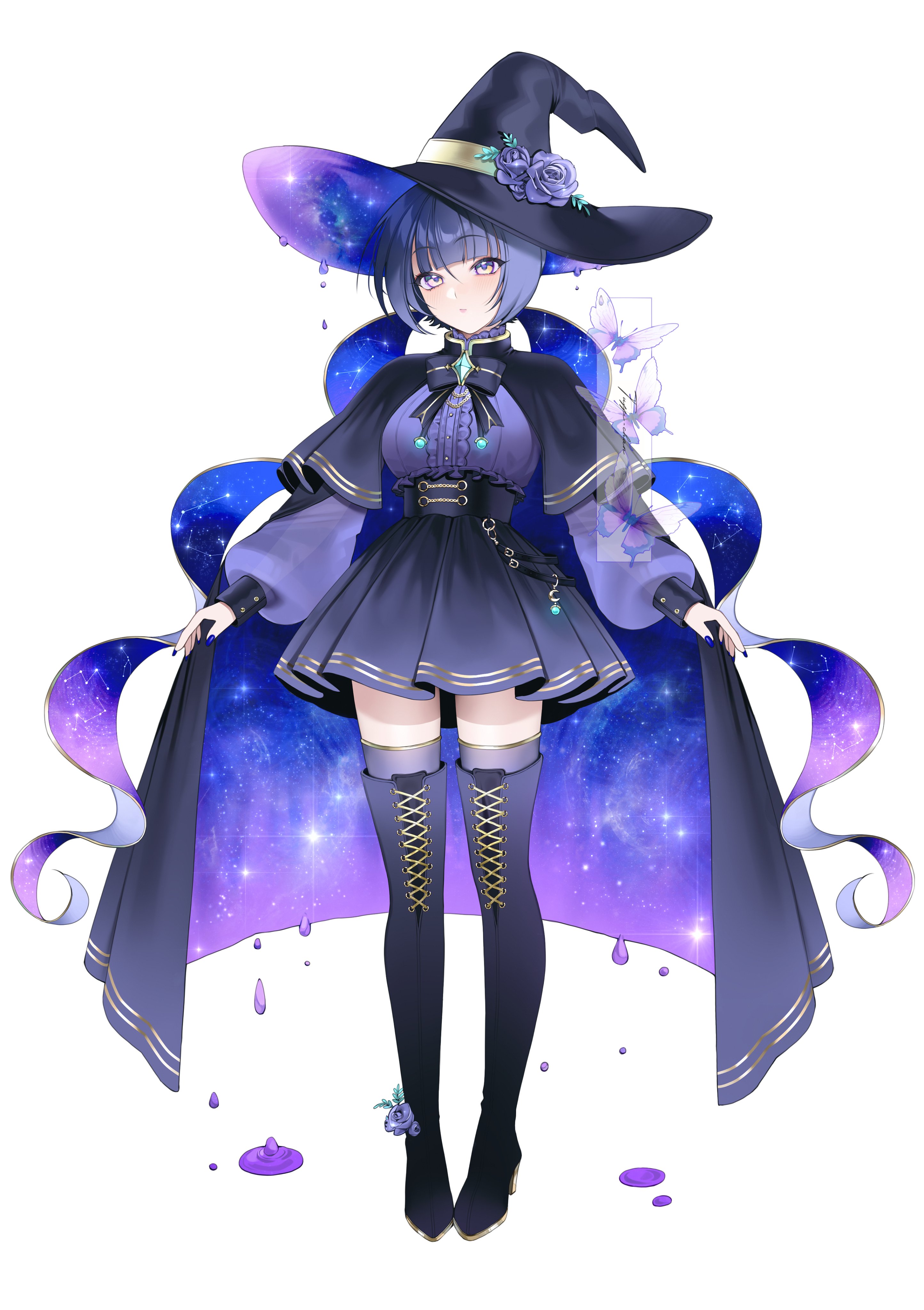 tuffi-chan, original, absurdres, commentary, highres, symbol-only commentary, 1girl, black boots, black bow, black cape, black hat, black nails, blue gemstone, blue hair, boots, bow, breasts, bug, butterfly, cape, closed mouth, dripping, full body, gem, hair between eyes, hat, insect, large breasts, long sleeves, looking at viewer, nail polish, purple cape, purple eyes, purple shirt, purple skirt, purple thighhighs, shirt, short hair, simple background, skirt, solo, thigh boots, thighhighs, two-tone cape, white background, witch hat, zettai ryouiki