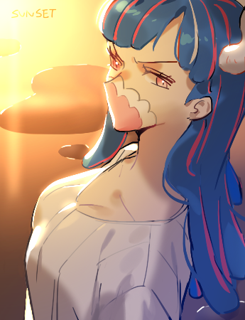 raine (acke2445), ulti (one piece), one piece, commentary, lowres, symbol-only commentary, 1girl, blue hair, breasts, cleavage, cloud, cloudy sky, collarbone, from side, horns, long hair, looking at viewer, mask, medium breasts, mouth mask, orange sky, outdoors, pink eyes, serious, shirt, sky, solo, sunset, upper body, white shirt