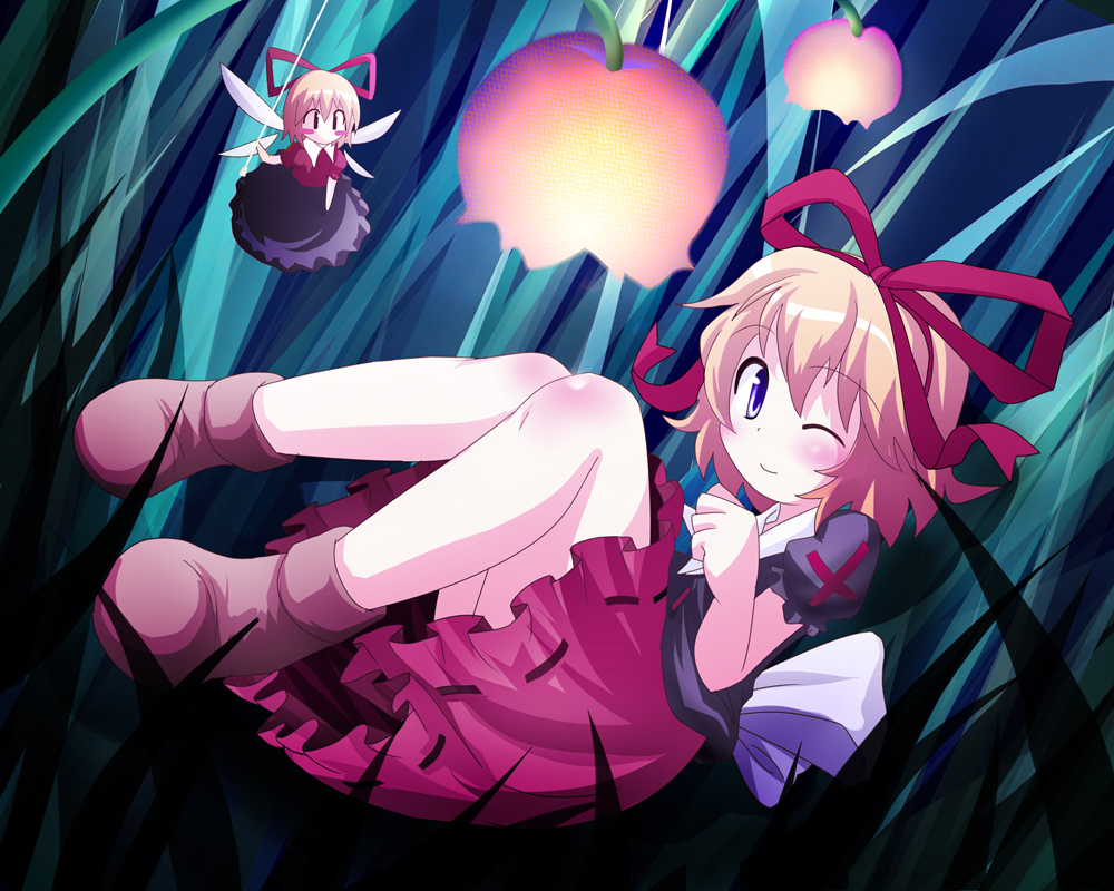 des (namaasi), medicine melancholy, su-san, touhou, 1girl, blonde hair, doll, female focus, grass, hair ribbon, one eye closed, puffy short sleeves, puffy sleeves, purple eyes, ribbon, sash, short hair, short sleeves, solo, wink