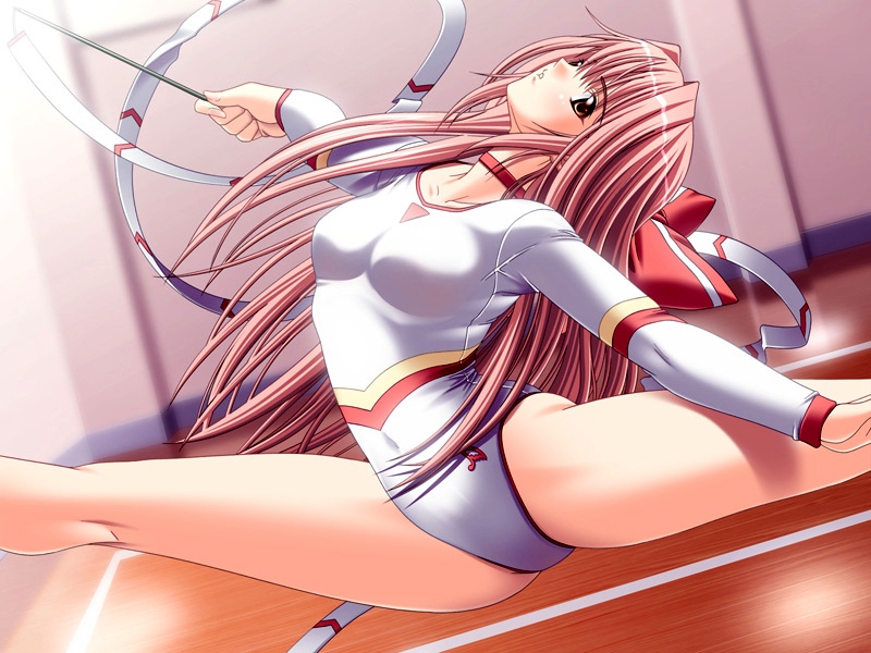 kakenashi, nanahara yukina, requiem (clockup), game cg, non-web source, 00s, 1girl, arched back, bow, brown eyes, brown hair, choker, female focus, gymnastics, hair bow, kneepits, leotard, long hair, outstretched arms, pink hair, rhythmic gymnastics, ribbon, ribbon baton, sitting split, solo, spandex, split, spread arms, spread legs, wooden floor