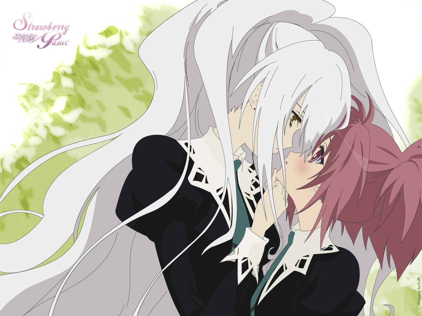 aoi nagisa, hanazono shizuma, strawberry panic!, silver hair, highres, 00s, 2girls, blush, copyright name, earrings, eye contact, female focus, grabbing another's chin, imminent kiss, jewelry, long hair, looking at another, multiple girls, necktie, pink eyes, ponytail, red hair, school uniform, very long hair, yellow eyes, yuri