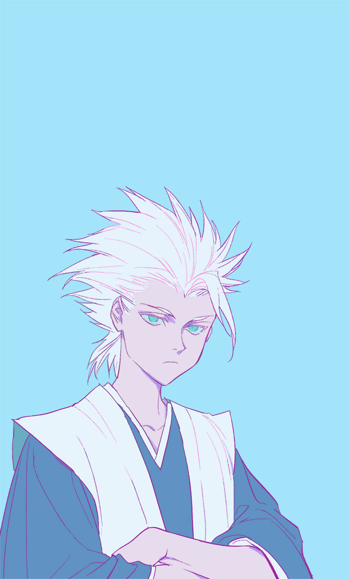 huangdanlan, hitsugaya toushirou, bleach, commentary, english commentary, 1boy, blue background, collarbone, crossed arms, expressionless, japanese clothes, long sleeves, looking ahead, looking at viewer, male focus, short hair, simple background, solo, upper body, white hair
