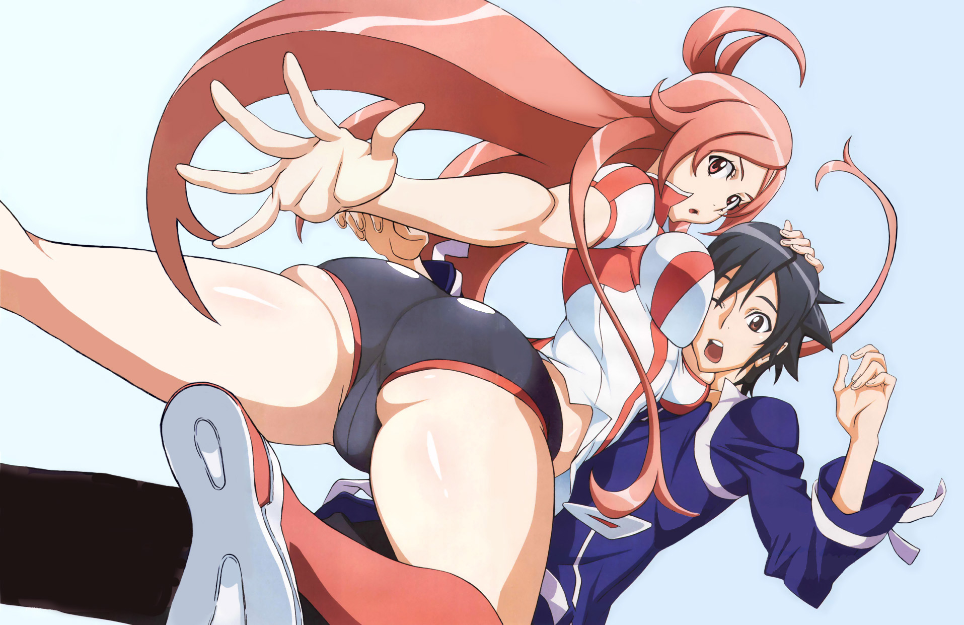 uno makoto, kamishina jin, toa (dragonaut), dragonaut, hand on head, highres, 00s, 1boy, 1girl, ass, black hair, bloomers, breast press, breast smother, breasts, brown eyes, cameltoe, face to breasts, fingernails, gradient background, hetero, huge breasts, kneehighs, legs, long hair, looking at viewer, looking back, midriff, one eye closed, open hand, open mouth, outstretched arm, pink hair, pussy, red eyes, shoes, short hair, short sleeves, skin tight, skindentation, socks, thick thighs, thighs, underwear, wink
