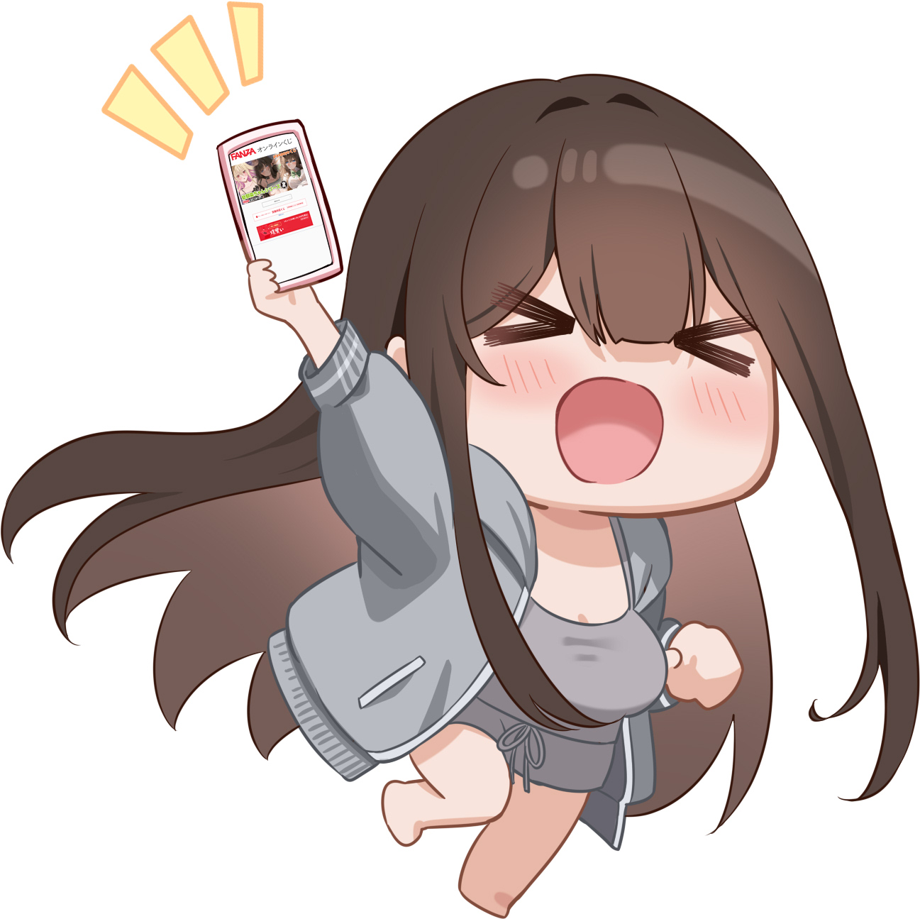 piyopoyo, childhood friend (childhood friend series), original, highres, > <, 1girl, blush, breasts, brown hair, chibi, grey jacket, grey shorts, grey tank top, holding, holding phone, jacket, long hair, open clothes, open jacket, open mouth, phone, shorts, tank top, white background