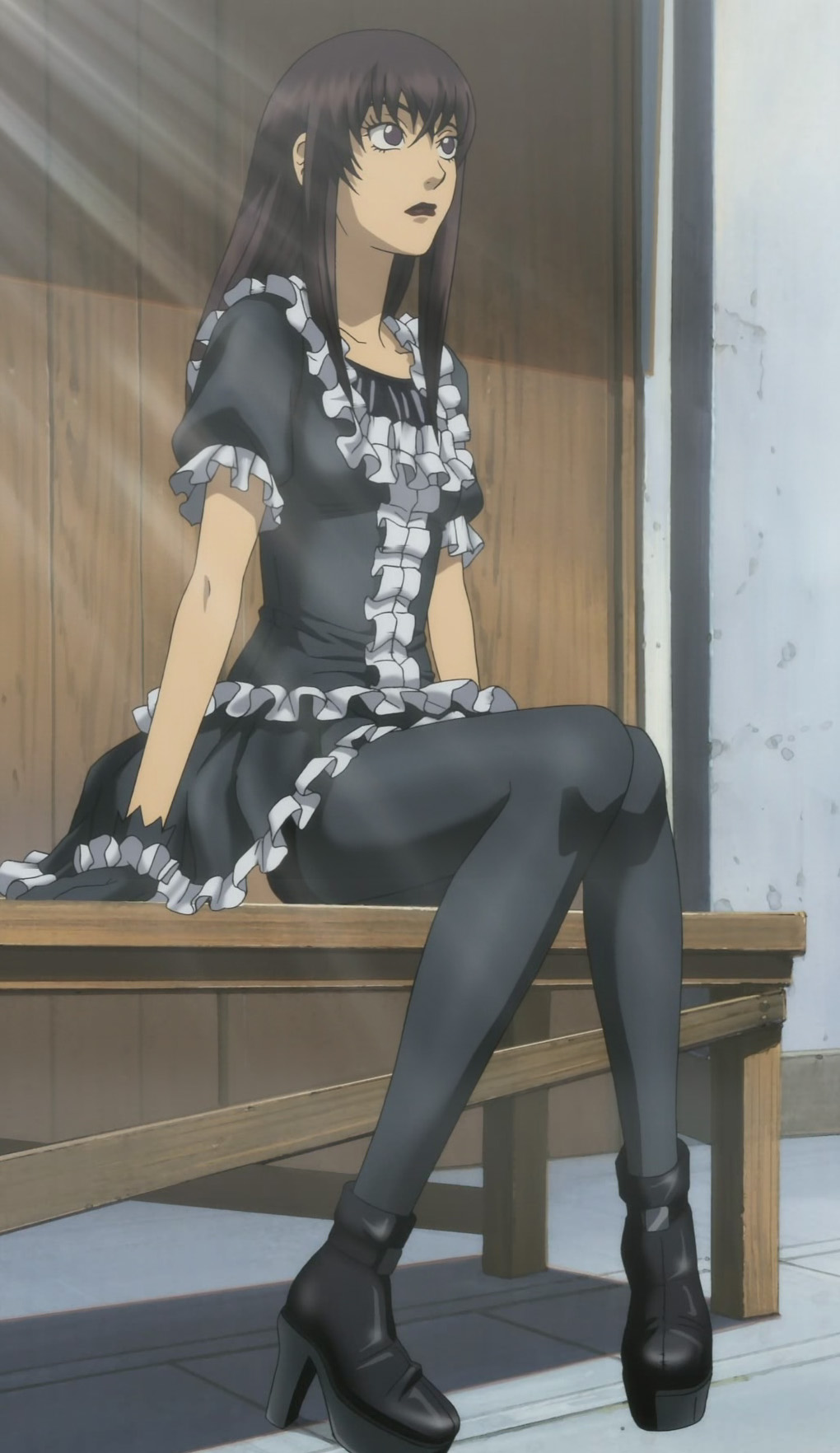 yuuki kei, moyashimon, anime screenshot, highres, stitched, third-party edit, 1boy, androgynous, black lips, boots, collarbone, crossdressing, crossdressing (mtf), full body, gloves, goth fashion, hair between eyes, lipstick, long sidelocks, makeup, shadow, sidelocks, sitting, thighhighs, trap