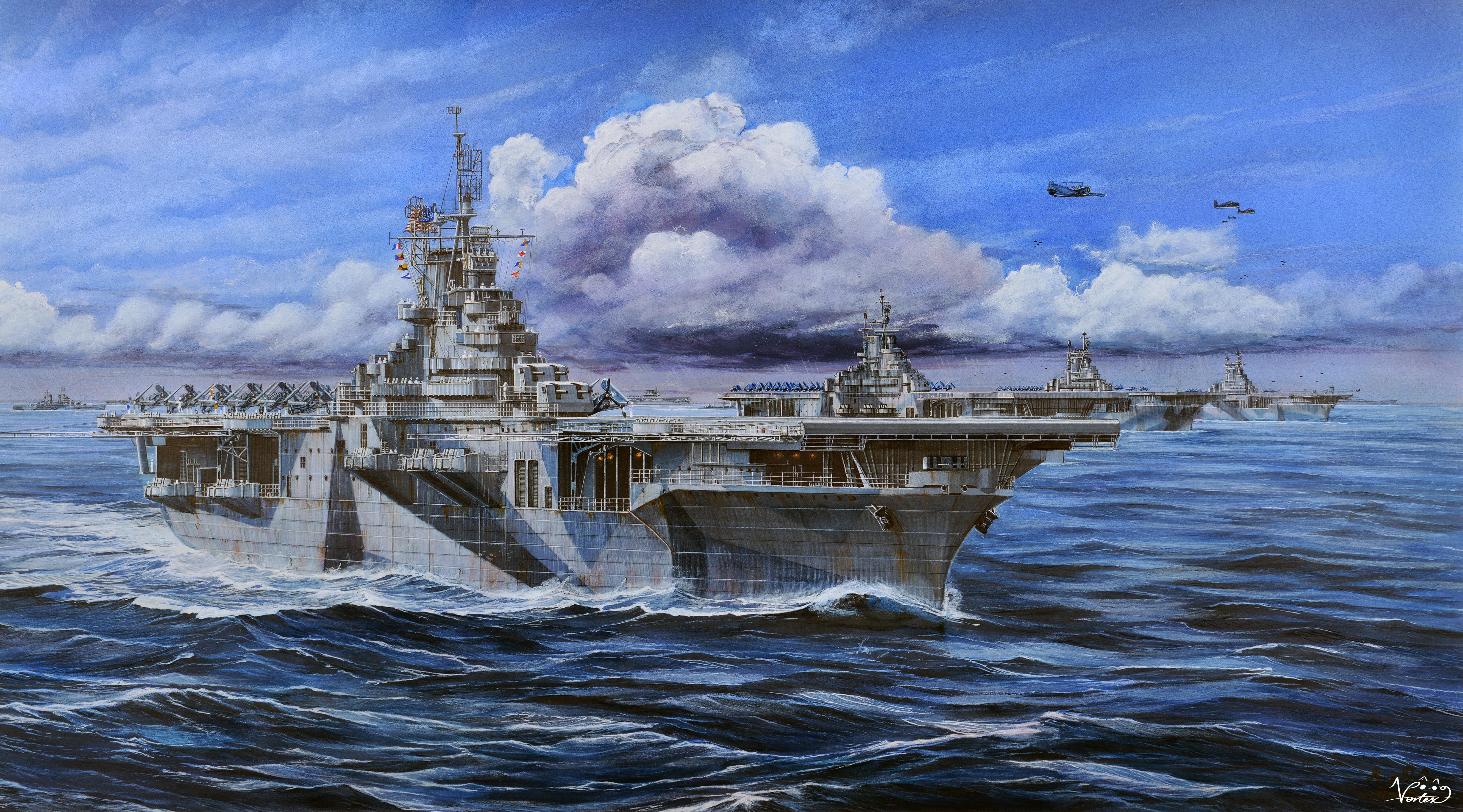 vortex (xu xuanwo), uss hornet (cv-12), uss yorktown (cv-10), original, united states navy, absurdres, highres, aircraft, aircraft carrier, airplane, american flag, anti-aircraft, anti-aircraft gun, blue sky, cannon, day, flag, military vehicle, ocean, outdoors, propeller fighter, radar, ship, ship turret, sky, uss hancock (cv-19), uss ticonderoga (cv-14), vehicle focus, wake (wave), warship, watercraft, waves, world war ii
