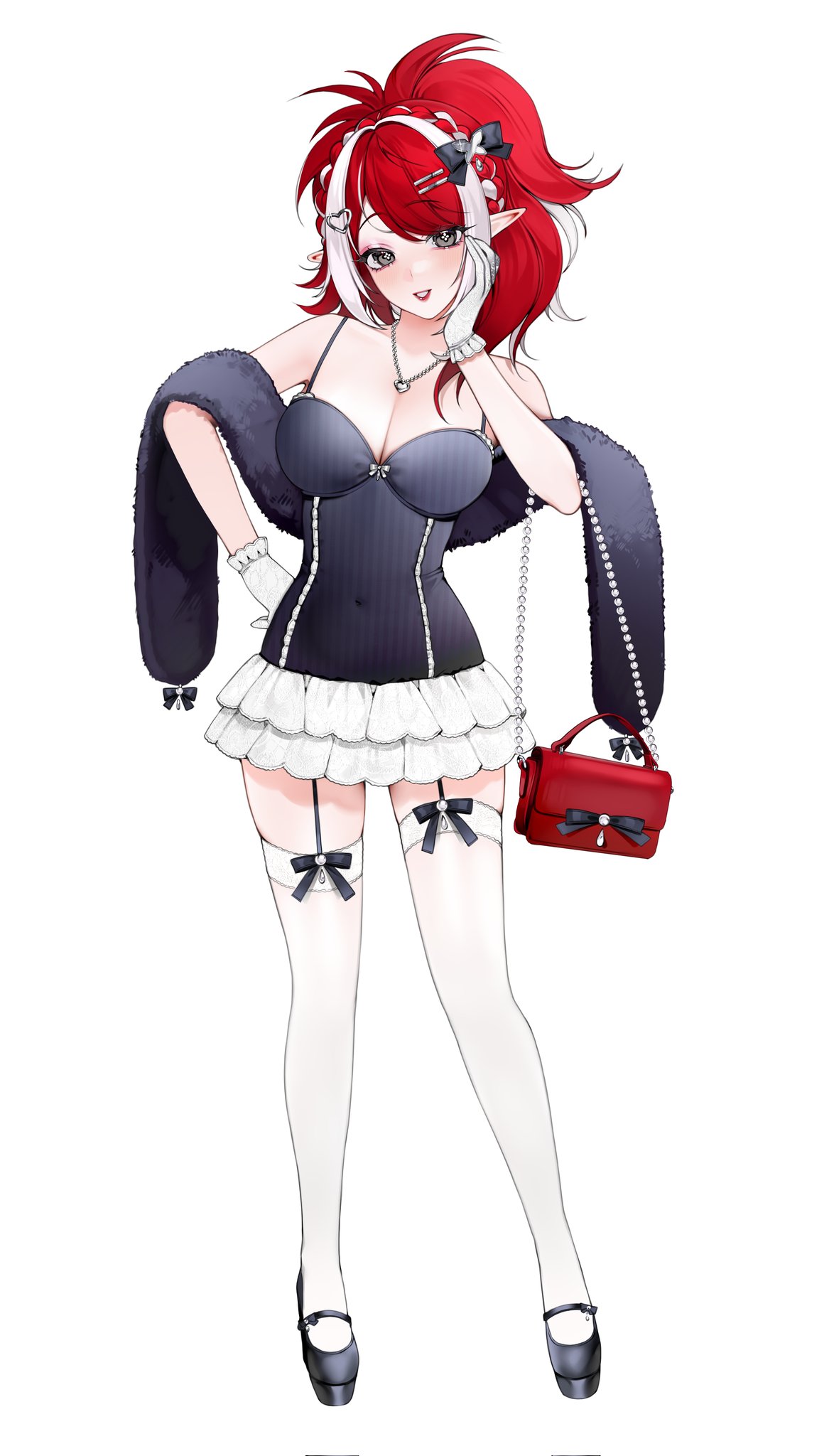 tuffi-chan, original, highres, 1girl, bag, bare shoulders, black bow, black eyes, black ribbon, black shirt, black shoes, bow, breasts, cleavage, full body, garter straps, gloves, hair bow, hair ornament, hairclip, hand on own hip, hand up, heart, heart hair ornament, jewelry, large breasts, looking at viewer, medium hair, multicolored hair, necklace, parallel hairclips, parted bangs, parted lips, pointy ears, red bag, red hair, ribbon, shirt, shoes, shoulder bag, simple background, skirt, sleeveless, sleeveless shirt, smile, solo, streaked hair, swept bangs, thighhighs, white background, white gloves, white skirt, white streaks, white thighhighs