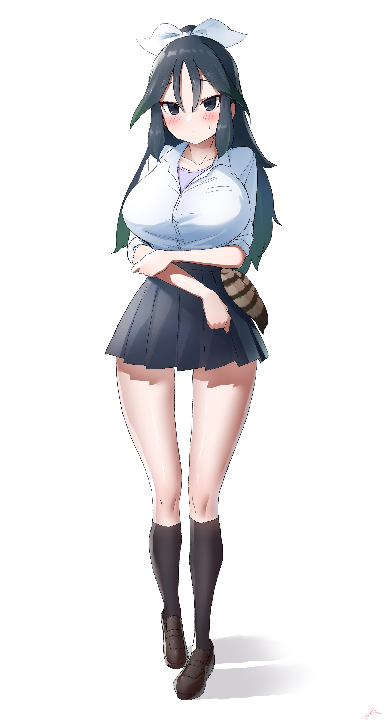 mogurii, kako (kemono friends), kemono friends, absurdres, highres, 1girl, alternate costume, black hair, black skirt, black socks, blue eyes, blush, bow, brown shoes, collarbone, collared shirt, embarrassed, full body, grey shirt, hair between eyes, hair bow, loafers, long hair, pleated skirt, school uniform, shirt, shoes, short sleeves, sidelocks, skirt, socks, solo, undershirt, white bow, white shirt