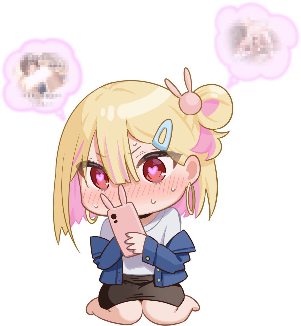 piyopoyo, original, highres, 1girl, black skirt, blonde hair, blue jacket, blush, censored, chibi, colored inner hair, earrings, gal (childhood friend series), hair ornament, hairclip, heart, heart-shaped pupils, holding, holding phone, hoop earrings, jacket, jewelry, mosaic censoring, multicolored hair, open clothes, open jacket, phone, pink hair, pink pupils, rabbit hair ornament, red eyes, shirt, short hair, sitting, skirt, sweat, symbol-shaped pupils, wariza, white shirt