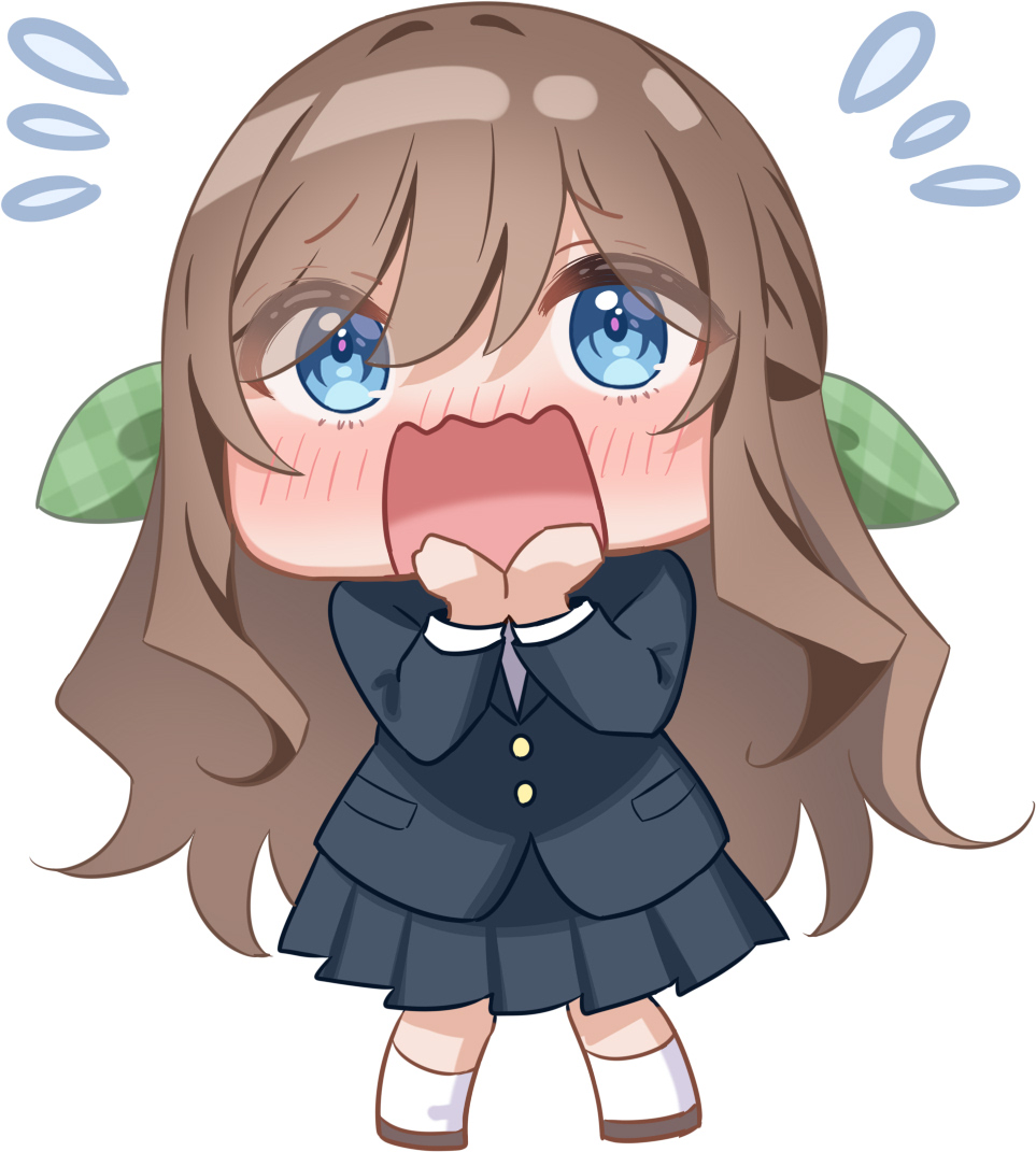 piyopoyo, original, 1girl, black jacket, black skirt, blazer, blue eyes, blush, brown hair, buttons, chibi, flying sweatdrops, green ribbon, hair ribbon, jacket, long hair, long sleeves, open mouth, ribbon, school uniform, skirt, socks, solo, white socks, younger sister (childhood friend series)