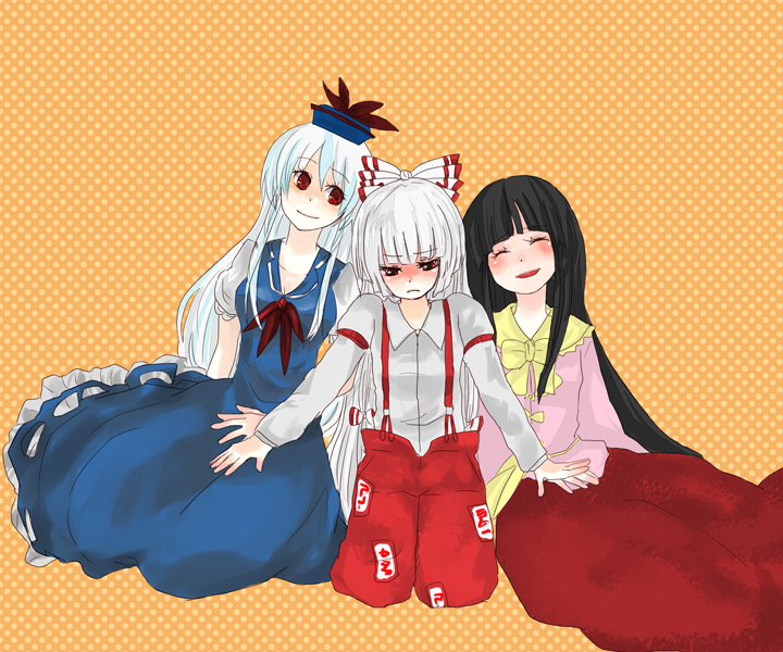 chiri (o9o9), fujiwara no mokou, houraisan kaguya, kamishirasawa keine, touhou, 3girls, albino, black hair, closed eyes, female focus, hair ribbon, hat, long hair, multiple girls, red eyes, ribbon, sitting, suspenders, white hair