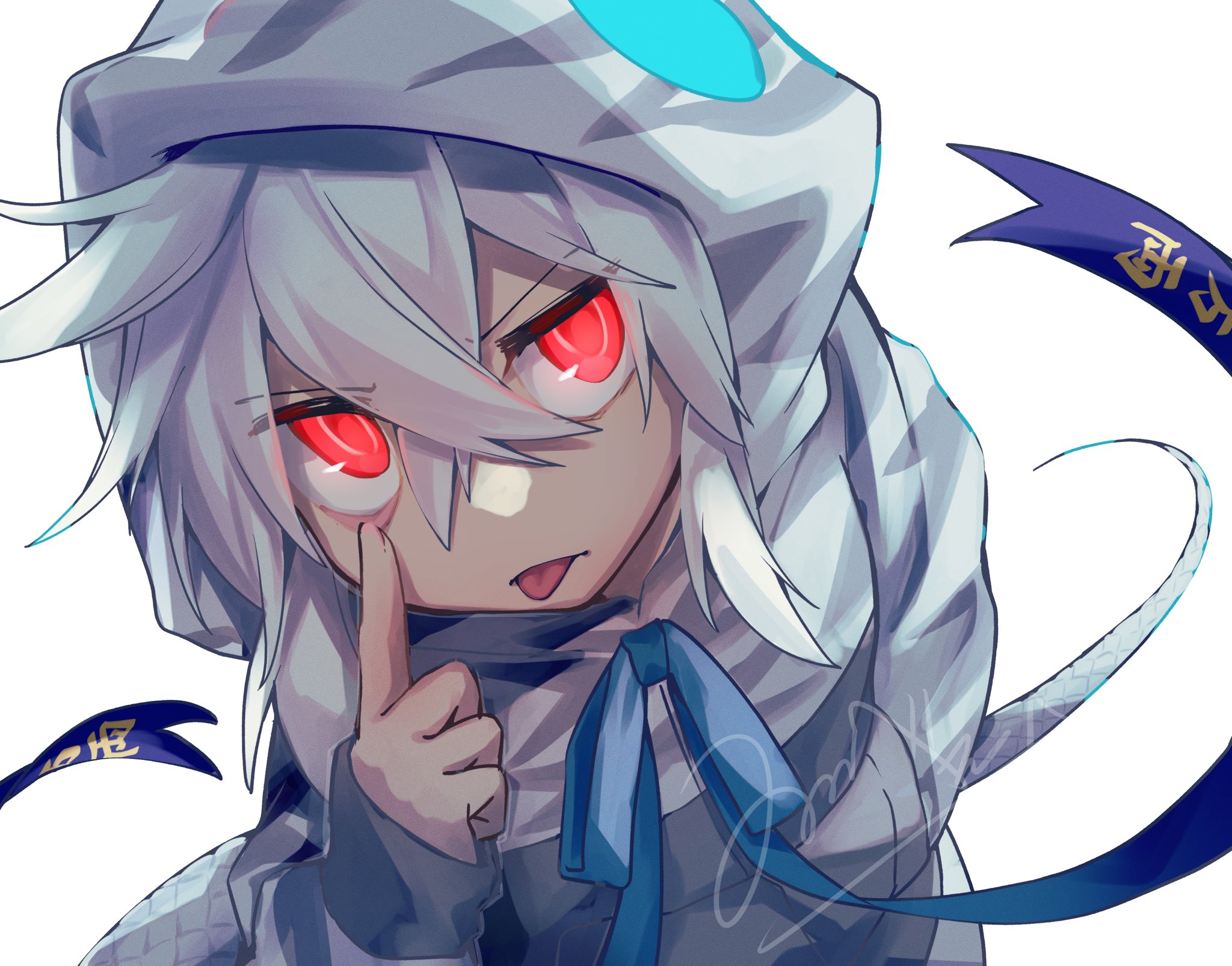 isobee, tsuchinoko (kemono friends), kemono friends, highres, translation request, 1girl, :p, adapted costume, alternate eye color, alternate hair color, blue bow, blue bowtie, bow, bowtie, glowing, glowing eyes, grey hoodie, hair between eyes, hood, hoodie, long sleeves, looking at viewer, print hoodie, red eyes, short hair, sidelocks, snake girl, snake print, snake tail, solo, tail, tongue, tongue out, white hair, white hoodie