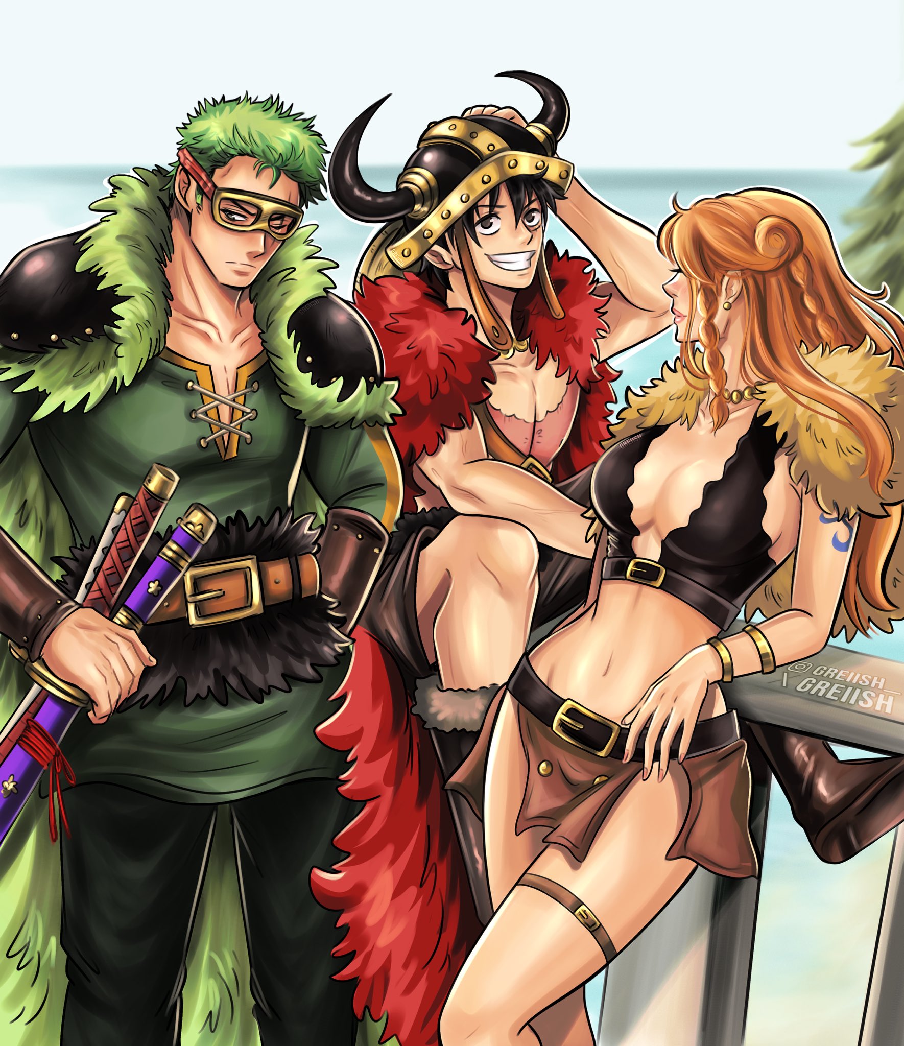 greciiagzz, monkey d. luffy, nami (one piece), roronoa zoro, one piece, commentary, english commentary, highres, 1girl, 2boys, belt, belt buckle, black hair, black pants, blue sky, blurry, blurry background, bracelet, braid, braided sidelock, breasts, brown loincloth, buckle, cape, capelet, cleavage, crop top, cross scar, earrings, elbow rest, eye mask, fake horns, feet out of frame, fur-trimmed cape, fur-trimmed capelet, fur trim, green cape, green hair, green shirt, grin, helmet, horned helmet, horns, jewelry, katana, long hair, looking at another, medium breasts, midriff, miniskirt, multiple boys, multiple swords, navel, official alternate costume, one eye closed, orange hair, pants, pearl earrings, red cape, scar, scar across eye, scar on chest, scar on face, sheath, sheathed, shirt, short hair, shoulder pads, shoulder tattoo, single sidelock, skirt, sky, smile, standing, straw hat pirates, sword, tattoo, thigh strap, thighs, tree, weapon, yellow capelet
