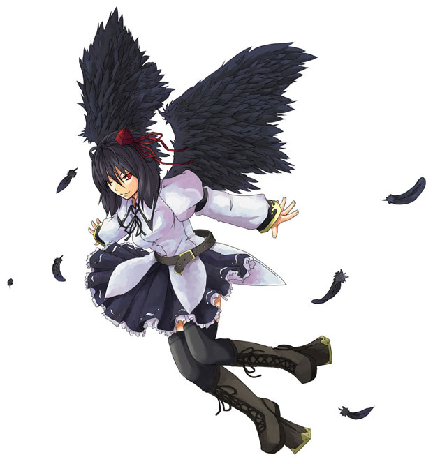kinsenka, shameimaru aya, touhou, 1girl, aprilrain, black hair, black wings, boots, feathers, female focus, geta, hat, looking at viewer, one eye closed, red eyes, short hair, smile, solo, tengu-geta, thighhighs, wings, wink
