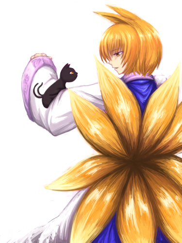 katagi ren, chen, chen (cat), yakumo ran, touhou, lowres, 1girl, animal, animal ears, blonde hair, cat, female focus, fox ears, fox tail, long sleeves, multiple tails, no headwear, orange hair, solo, tail, white background, wide sleeves