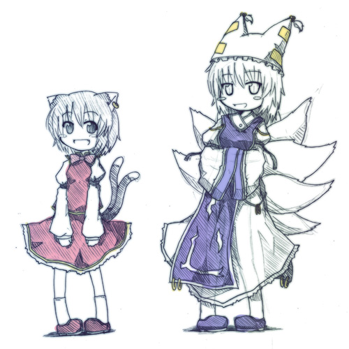etogami kazuya, chen, yakumo ran, touhou, lowres, 2girls, animal ears, animal hat, blush stickers, cat ears, cat girl, cat tail, chibi, dress, earrings, female focus, fox tail, hands in opposite sleeves, hat, jewelry, long sleeves, mob cap, monochrome, multiple girls, multiple tails, partially colored, shoes, short hair, socks, tail, tassel, wide sleeves