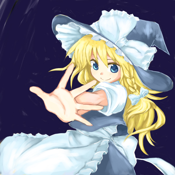 miya (tsumazukanai), kirisame marisa, touhou, 1girl, blonde hair, blue eyes, braid, female focus, foreshortening, hat, skirt, solo, witch, witch hat