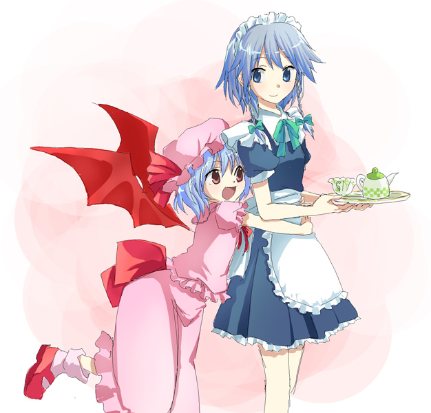 miya (tsumazukanai), izayoi sakuya, remilia scarlet, touhou, silver hair, 2girls, bat wings, blue eyes, blue hair, cup, female focus, hair ribbon, hat, hug, maid, multiple girls, red eyes, ribbon, skirt, tea, teacup, teapot, tray, wings