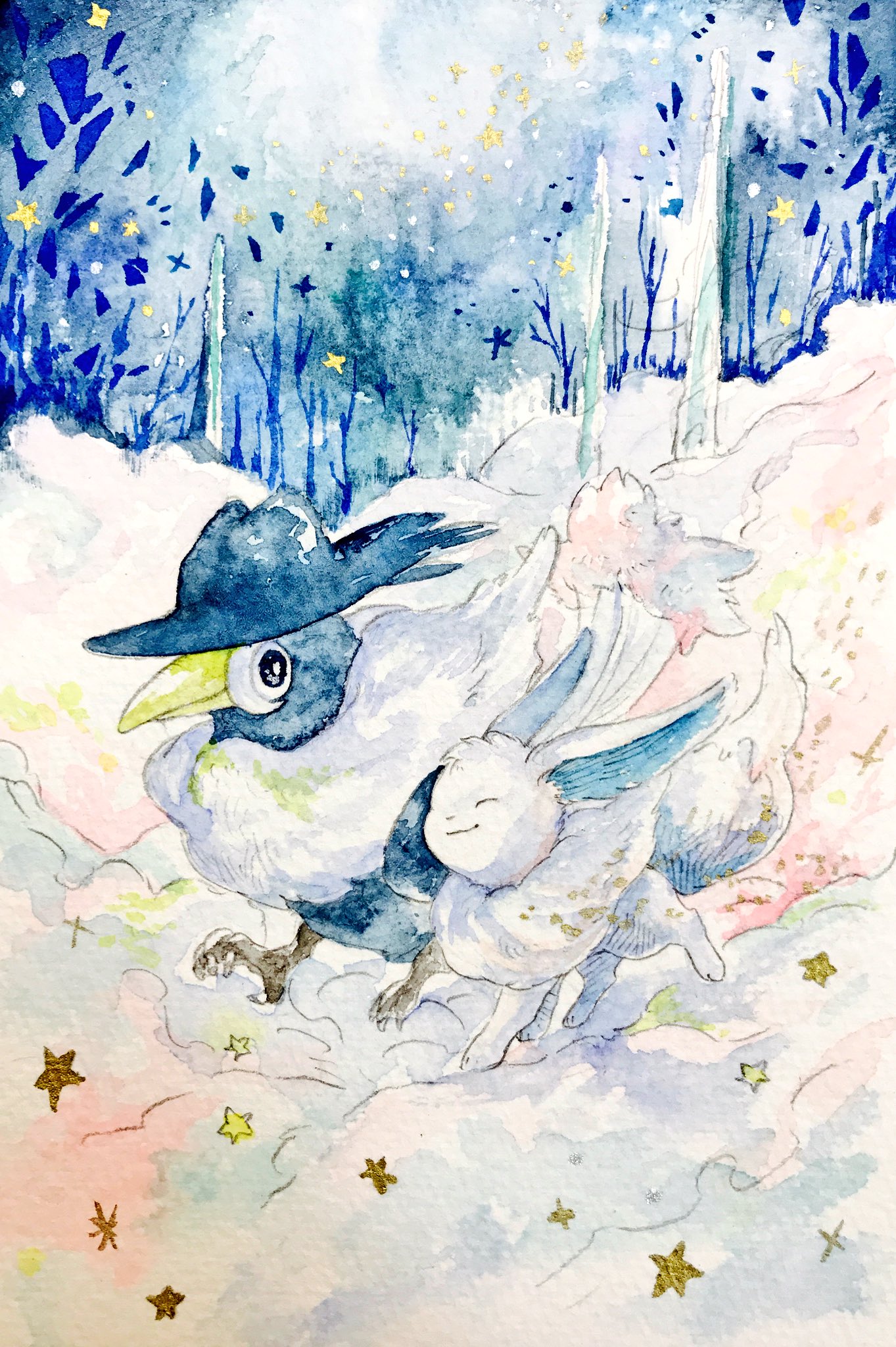 mint nappa, eevee, honchkrow, nintendo, pokemon, commentary request, highres, painting (medium), traditional media, watercolor (medium), alternate color, animal focus, black eyes, closed mouth, full body, gen 1 pokemon, gen 4 pokemon, no humans, outdoors, pokemon (creature), shiny pokemon, smile, snow, tree, winter