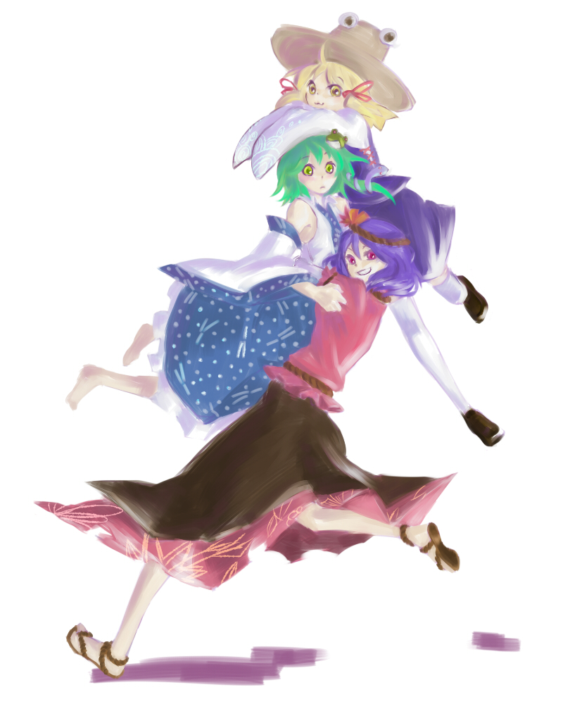 satou, kochiya sanae, moriya suwako, yasaka kanako, touhou, 3girls, :3, blonde hair, blue hair, dress, female focus, green eyes, green hair, hairband, hat, multiple girls, red eyes, shoes, skirt, thighhighs, white background, yellow eyes