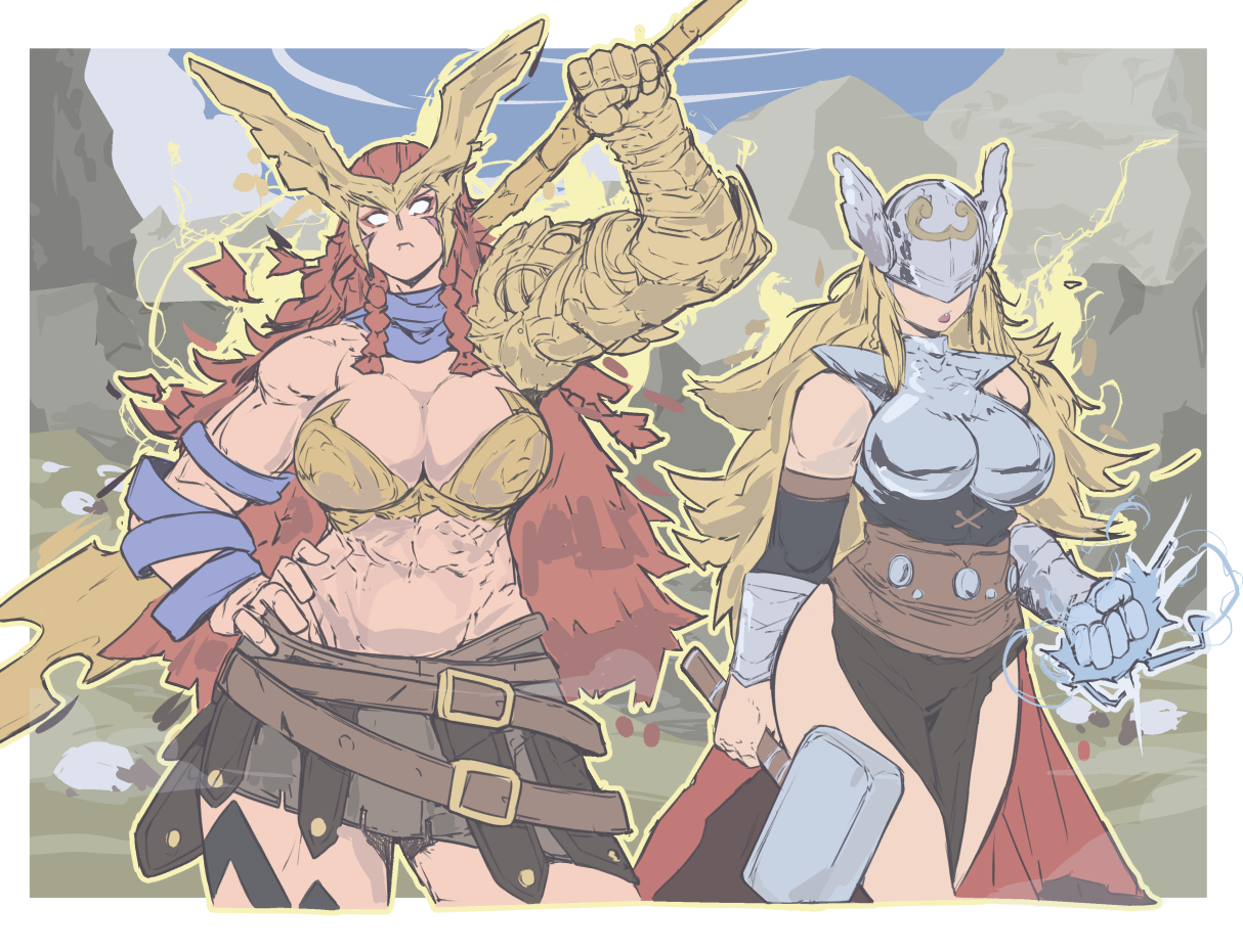 michel teru, jane foster, marvel, marvel rivals, thor: love and thunder, abs, angela (marvel), bodypaint, breasts, large breasts, long hair, looking at viewer, metal bra, mjolnir (marvel), muscular, muscular female, navel, norse, red hair, thor (jane foster), thor (marvel) (series), weapon