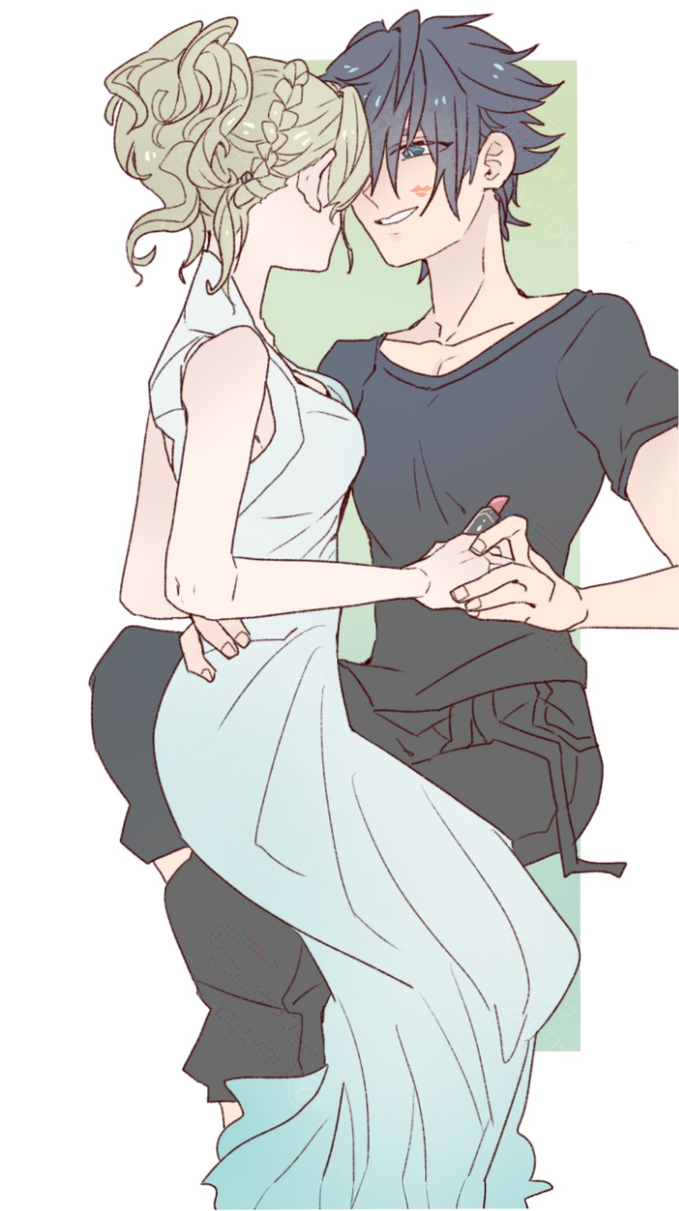 oshibainoticket, lunafreya nox fleuret, noctis lucis caelum, final fantasy, final fantasy xv, commentary request, highres, 1boy, 1girl, after kiss, bare arms, bare shoulders, black hair, black pants, black shirt, blonde hair, blue eyes, braid, collarbone, cosmetics, couple, crown braid, dress, hand on another's hip, high up, holding, holding lipstick tube, lipstick mark on cheek, lipstick tube, long dress, looking at another, pants, parted lips, shirt, short sleeves, sleeveless, sleeveless dress, spiked hair, white dress