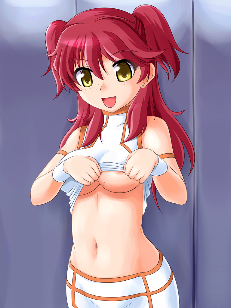 nekomanma (byougatei), nena trinity, gundam, gundam 00, 00s, 1girl, breasts, cat rice house, clothes lift, clothes pull, female focus, freckles, large breasts, midriff, red hair, shirt lift, shirt pull, solo, two side up, underboob, undressing, yellow eyes