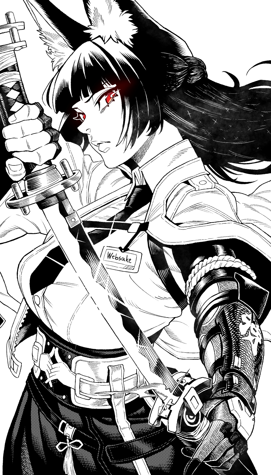 websake, hoshimi miyabi, zenless zone zero, highres, 1girl, animal ear fluff, animal ears, artist name, breasts, collared shirt, fox ears, fox girl, greyscale, holding, holding sword, holding weapon, long hair, looking at viewer, medium breasts, monochrome, necktie, red eyes, shirt, solo, spot color, sword, weapon, white background