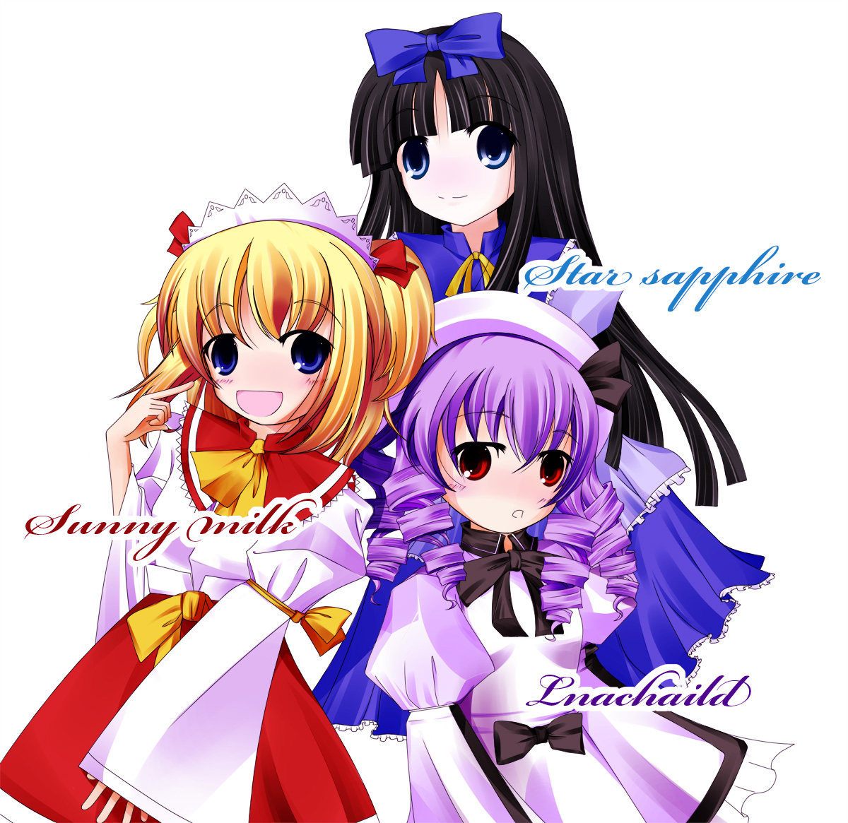 xxxtomoxxx, luna child, star sapphire, sunny milk, perfect memento in strict sense, touhou, bad id, bad pixiv id, 3girls, alternate hair color, black hair, blonde hair, blue eyes, bow, dress, drill hair, female focus, multiple girls, purple hair, red eyes, twintails