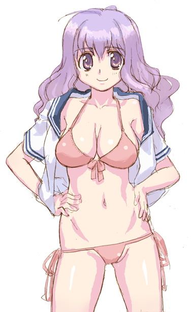 hirose (mokiki), original, 1girl, bikini, breasts, curly hair, female focus, large breasts, long hair, lowleg, lowleg bikini, pink bikini, purple eyes, purple hair, school uniform, serafuku, side-tie bikini bottom, smile, solo, swimsuit
