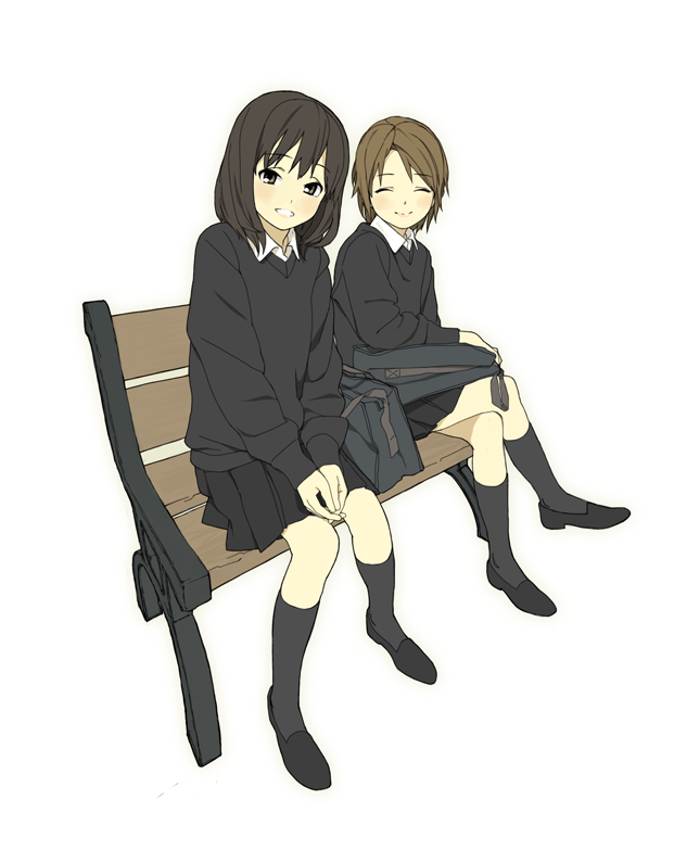 hakuto (artist), hiro (dismaless), original, bad id, bad pixiv id, 2girls, bag, bench, black hair, brown hair, closed eyes, kneehighs, multiple girls, own hands together, school uniform, serafuku, shoes, short hair, simple background, sitting, smile, socks, white background