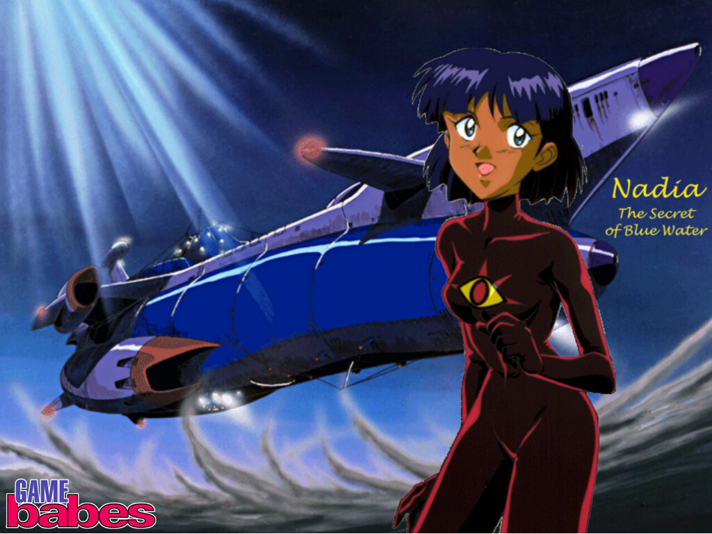 nadia la arwall, nautilus, fushigi no umi no nadia, 1990s (style), 1girl, breasts, dark-skinned female, dark skin, female focus, neo atlantis suit, outdoors, purple hair, retro artstyle, sky, solo, submarine, watercraft, watermark