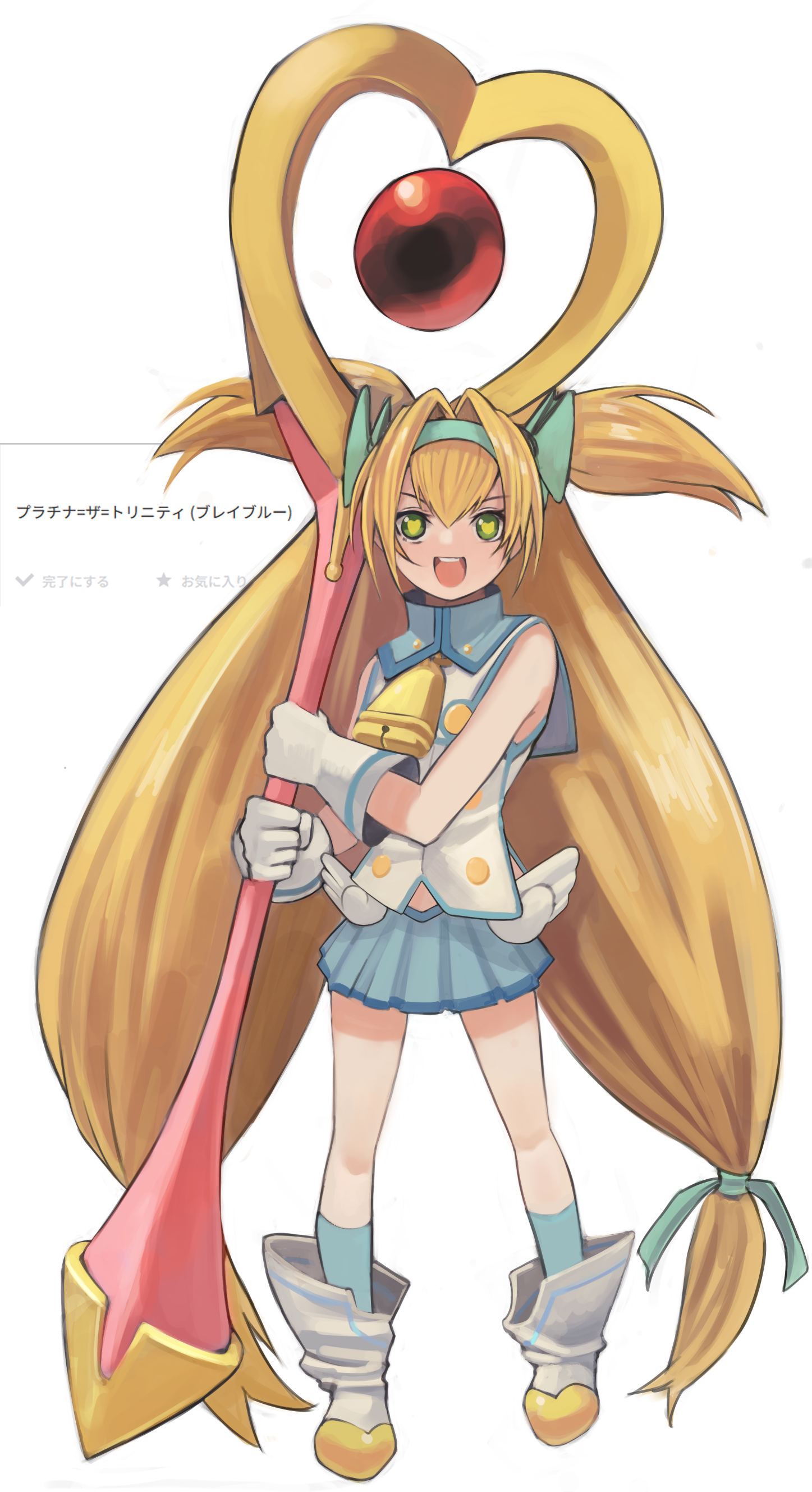 michibata anko, platinum the trinity, blazblue, absurdres, highres, translation request, :d, absurdly long hair, aqua bow, aqua hairband, aqua ribbon, aqua socks, bell, blonde hair, blue skirt, boots, bow, buttons, clothing cutout, cowbell, gloves, green eyes, hairband, heart, heart-shaped pupils, holding, holding staff, holding weapon, huge weapon, long hair, looking at viewer, low-tied long hair, low wings, mage staff, magical girl, miniskirt, muchourin, neck bell, open mouth, quad tails, request inset, ribbon, shirt, simple background, skirt, smile, socks, staff, standing, symbol-shaped pupils, two side up, very long hair, weapon, white background, white boots, white gloves, white shirt, wings