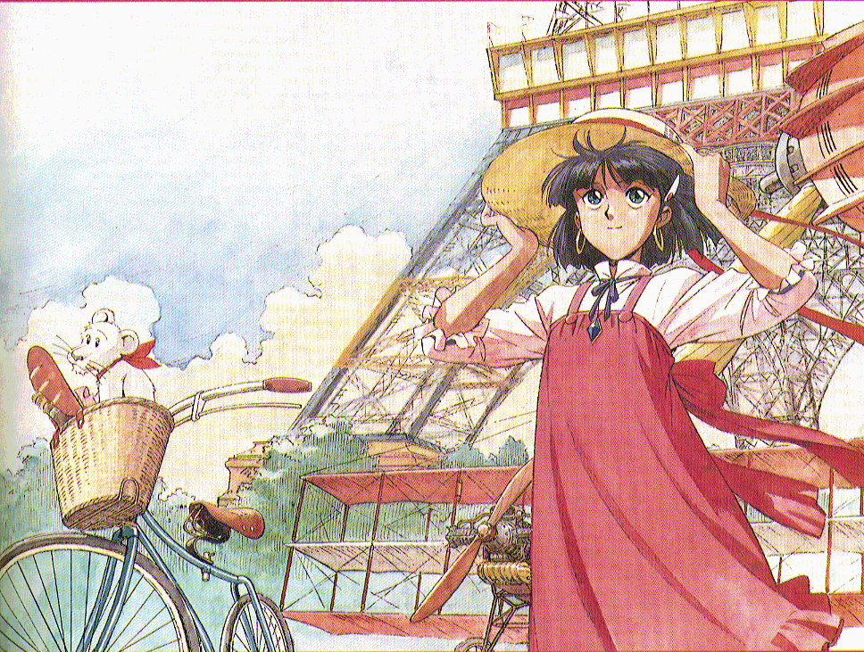 king (nadia), nadia la arwall, fushigi no umi no nadia, 1990s (style), 1girl, aircraft, airplane, bicycle, black hair, blue eyes, bread, dress, earrings, eiffel tower, female focus, food, france, hat, jewelry, nature, outdoors, paris, plant, retro artstyle, sky, smile, solo, straw hat