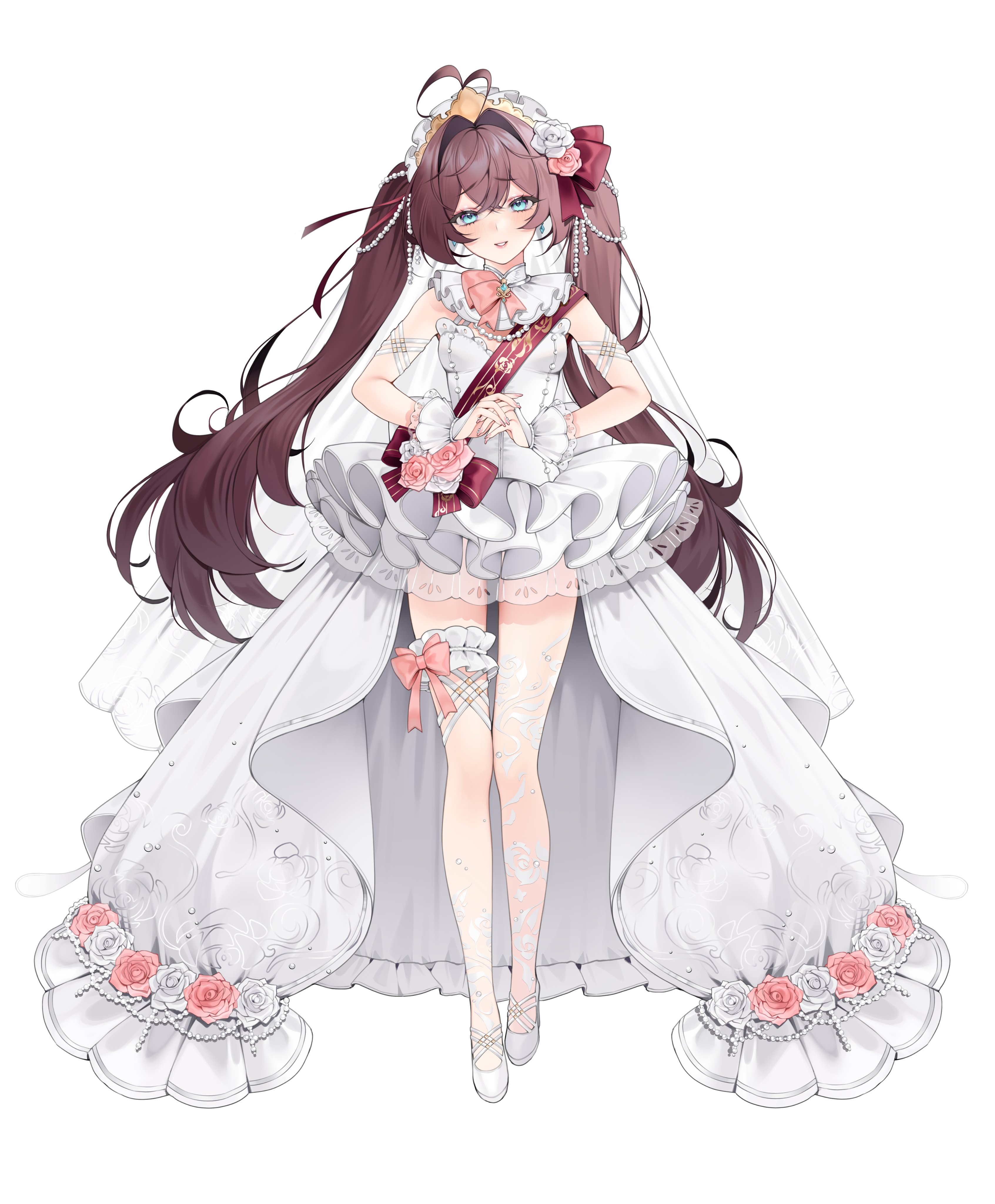 tuffi-chan, original, absurdres, commentary, highres, symbol-only commentary, 1girl, ahoge, blue eyes, bow, breasts, brown hair, double-parted bangs, dress, flower, frilled dress, frills, full body, hair between eyes, hair flower, hair intakes, hair ornament, hairband, legs, long hair, long legs, looking at viewer, open mouth, own hands together, pink bow, pink flower, shoes, simple background, sleeveless, sleeveless dress, small breasts, smile, solo, straight-on, thigh strap, twintails, white background, white dress, white flower, white hairband, white shoes