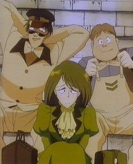 grandis granva, hanson, sanson (nadia), fushigi no umi no nadia, lowres, tagme, 1990s (style), 1girl, 2boys, bmp, dress, hat, multiple boys, retro artstyle