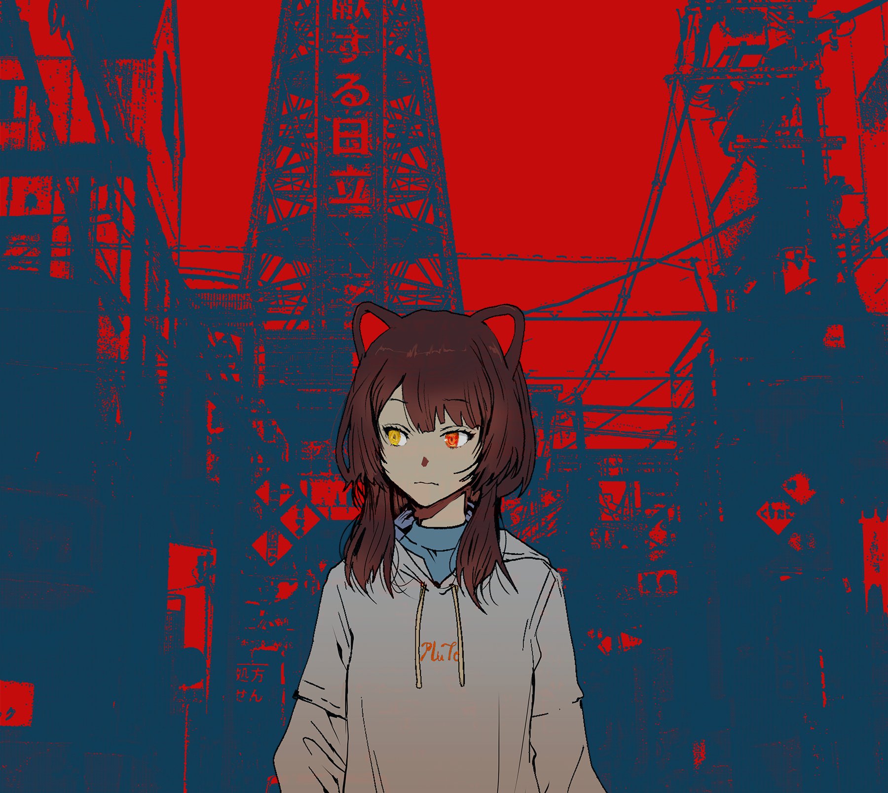 tamaoki benkyou, inui toko, nijisanji, commentary request, highres, 1girl, animal ears, brown hair, dog ears, expressionless, heterochromia, hood, hoodie, looking to the side, power lines, red eyes, solo, tower, twintails, upper body, utility pole, virtual youtuber, yellow eyes